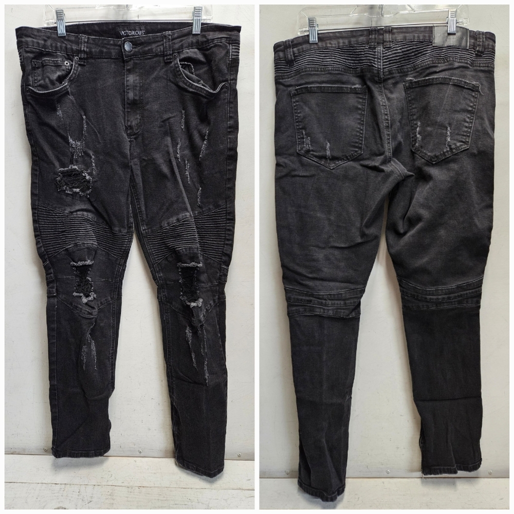 VICTORIOUS 34x30 Mens Black Moto Biker Skinny Jeans Zip Cuff Emo Punk Rock Goth